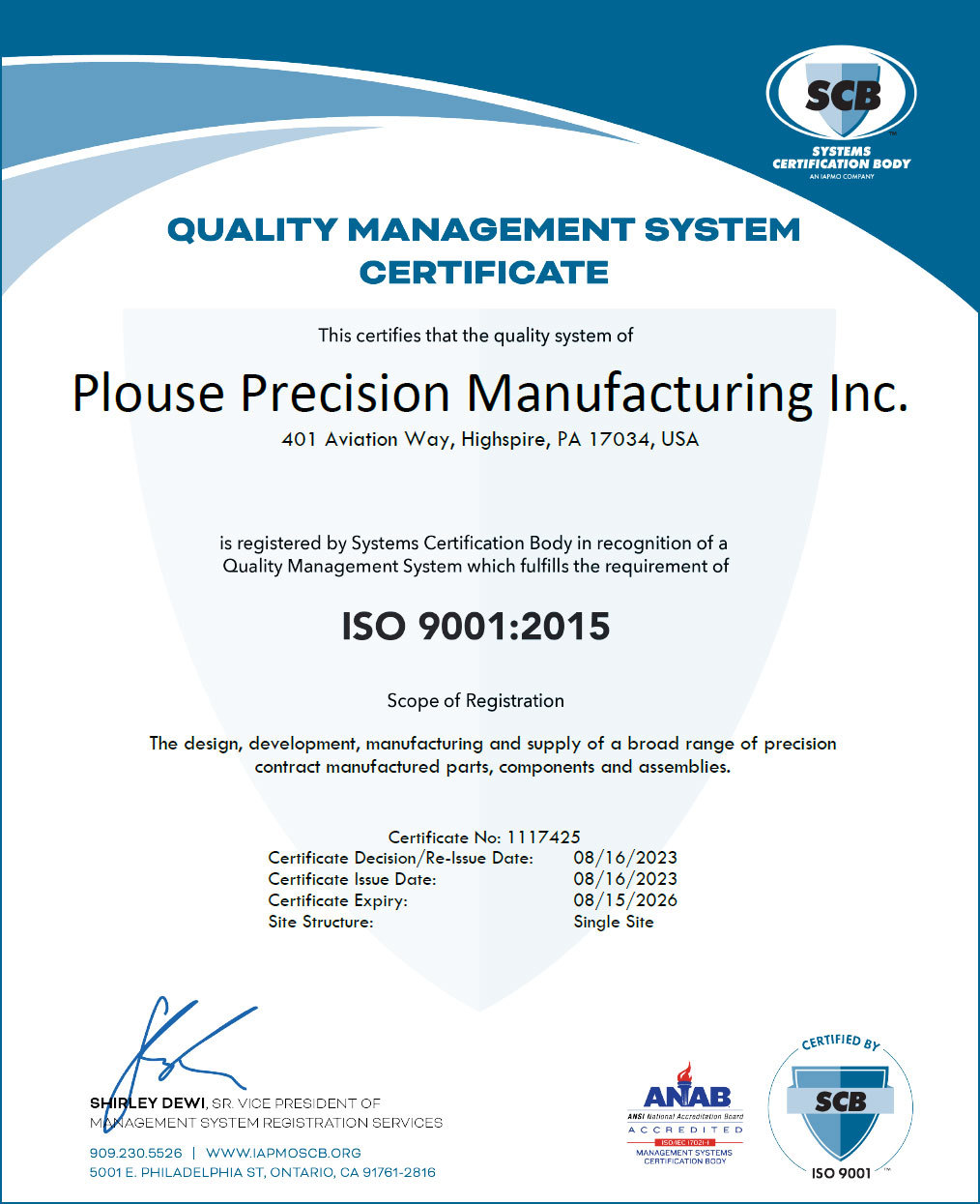 Quality Management System Certificate for Plouse Precision Manufacturing